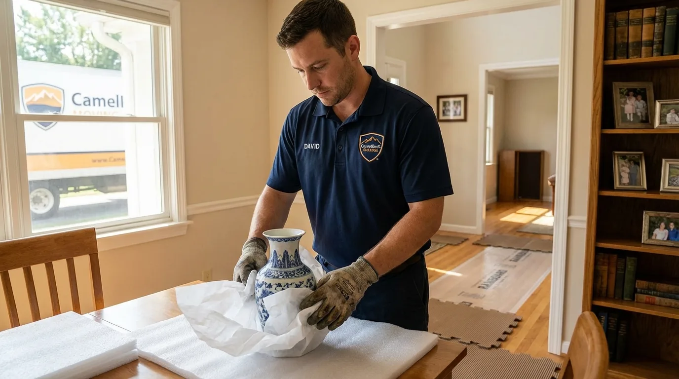 Professional crew carefully wrapping antique vase for senior downsizing move in Saxonburg, PA
